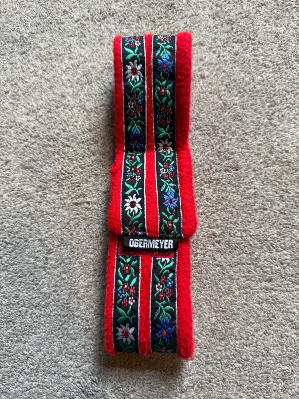 Vintage Obermeyer Red Fleece Embroidered Floral Ribbon Headband Made in USA 23”